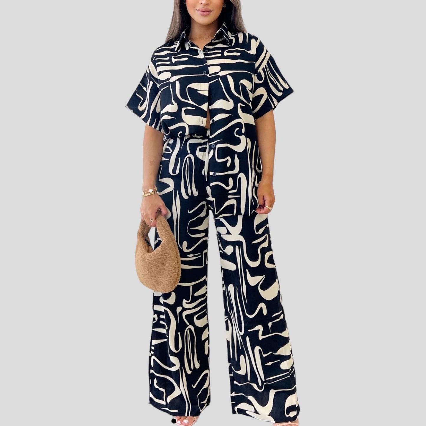 ZOELIE SHIRT & PANT SET - BLACK ABSTRACT