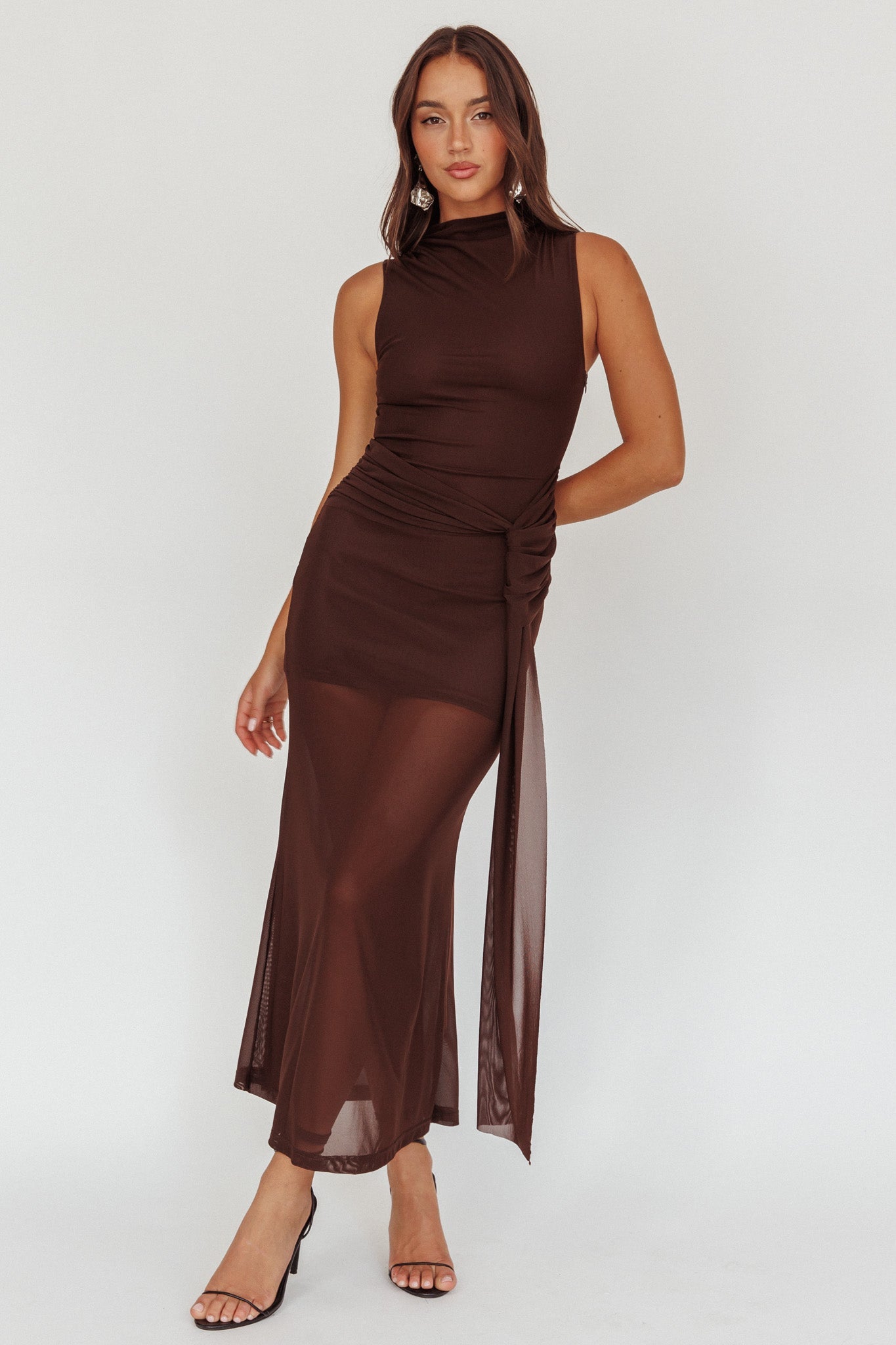 BELLAMY MESH MIDI DRESS - CHOCOLATE