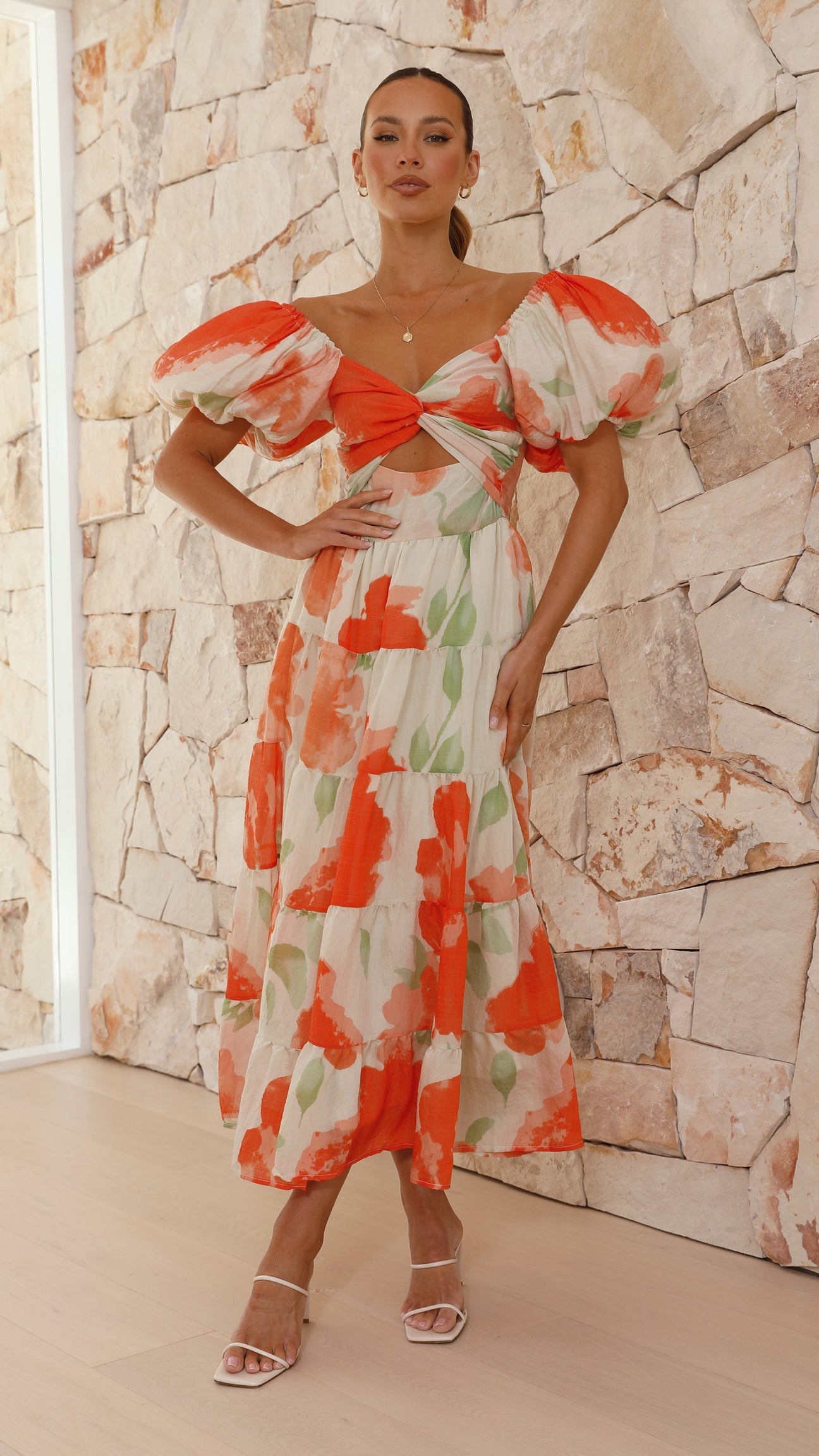 LOPASI MIDI DRESS -ORANGE FLORAL