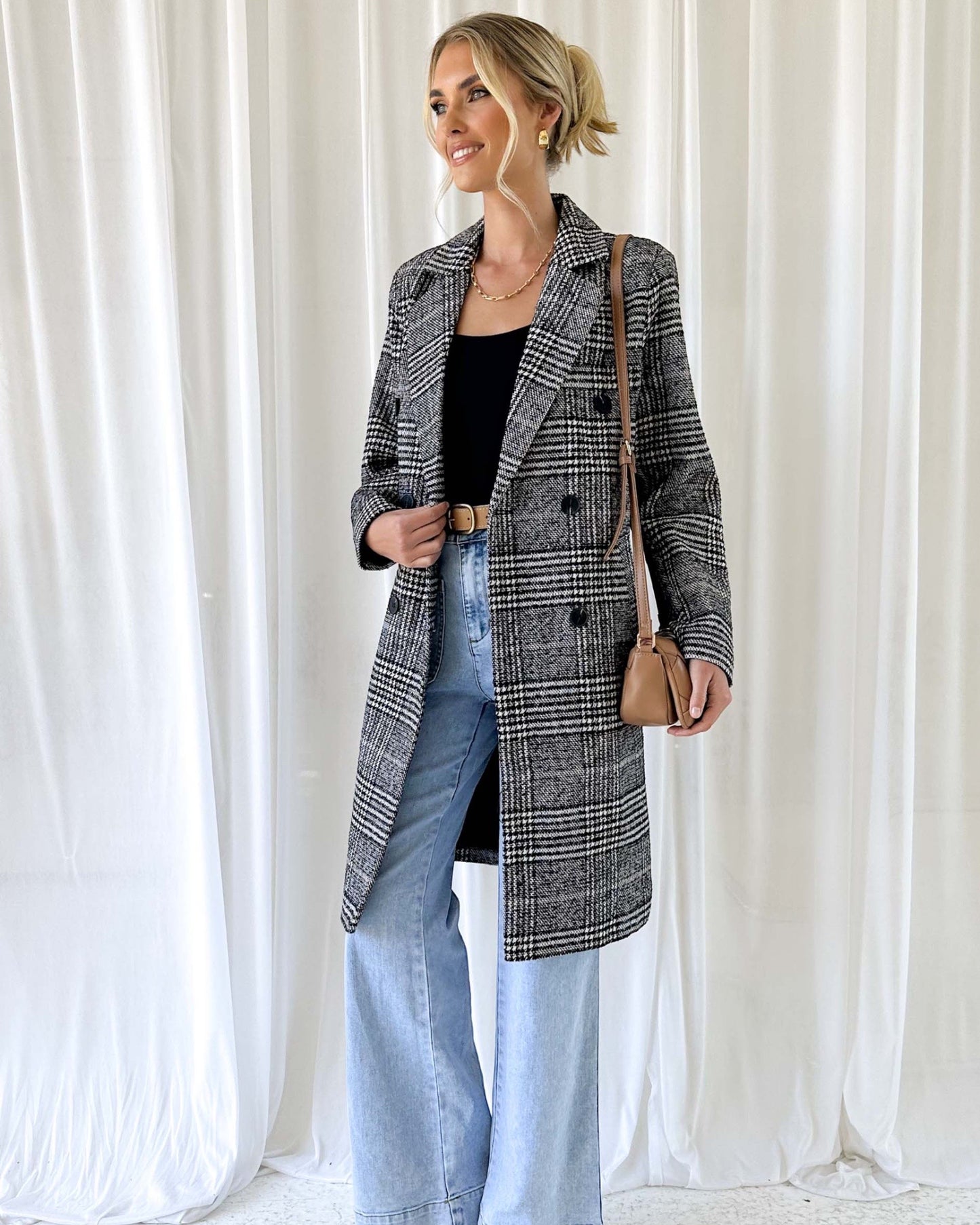 ASPEN CHECKED TRENCH COAT -BLACK/WHITE