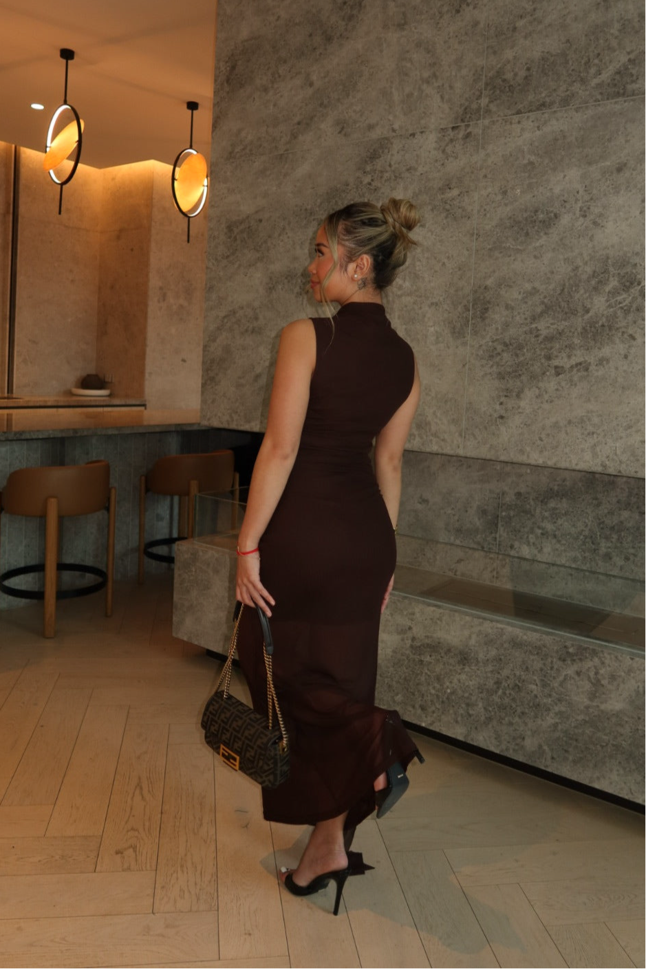 BELLAMY MESH MIDI DRESS - CHOCOLATE