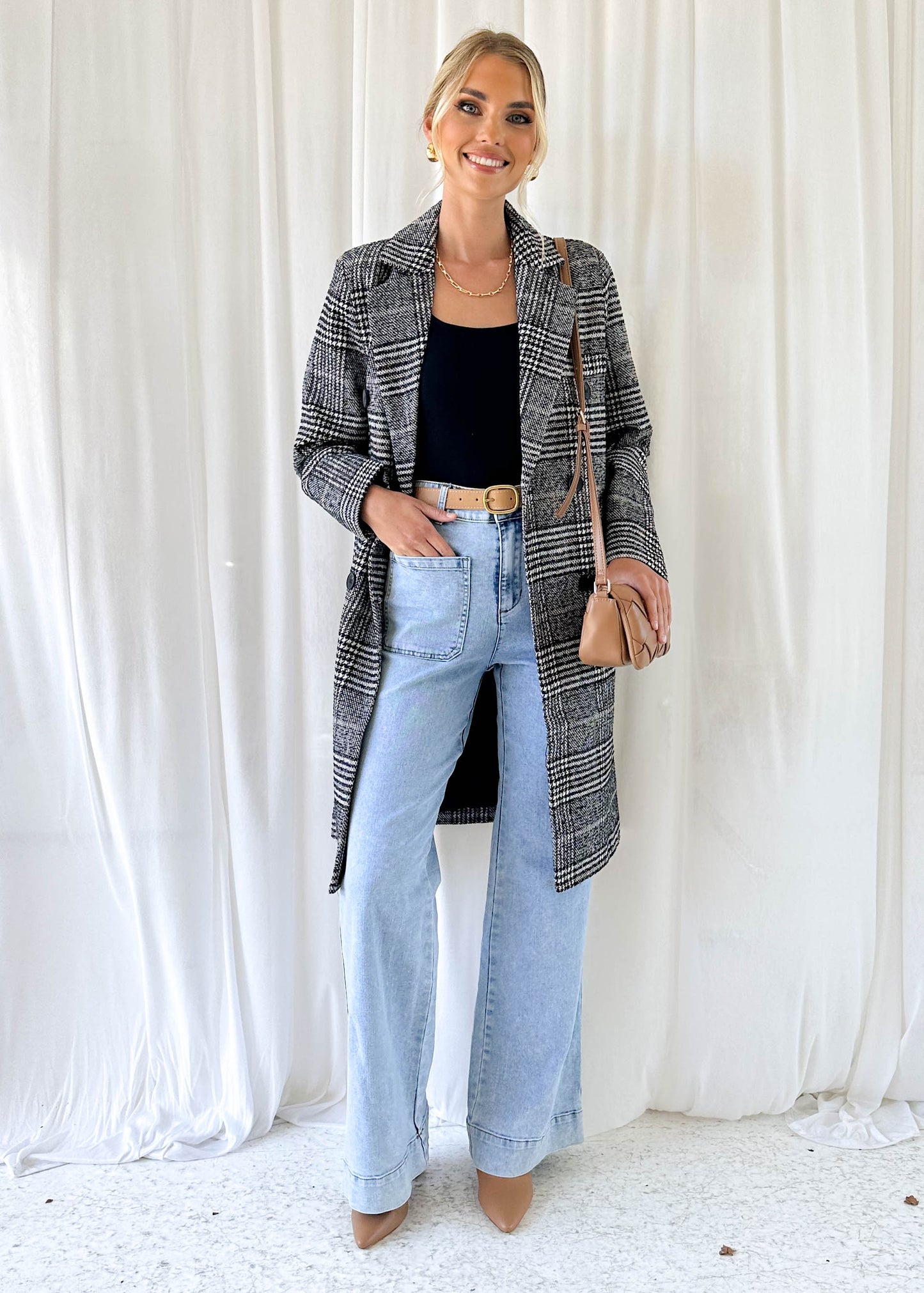ASPEN CHECKED TRENCH COAT -BLACK/WHITE