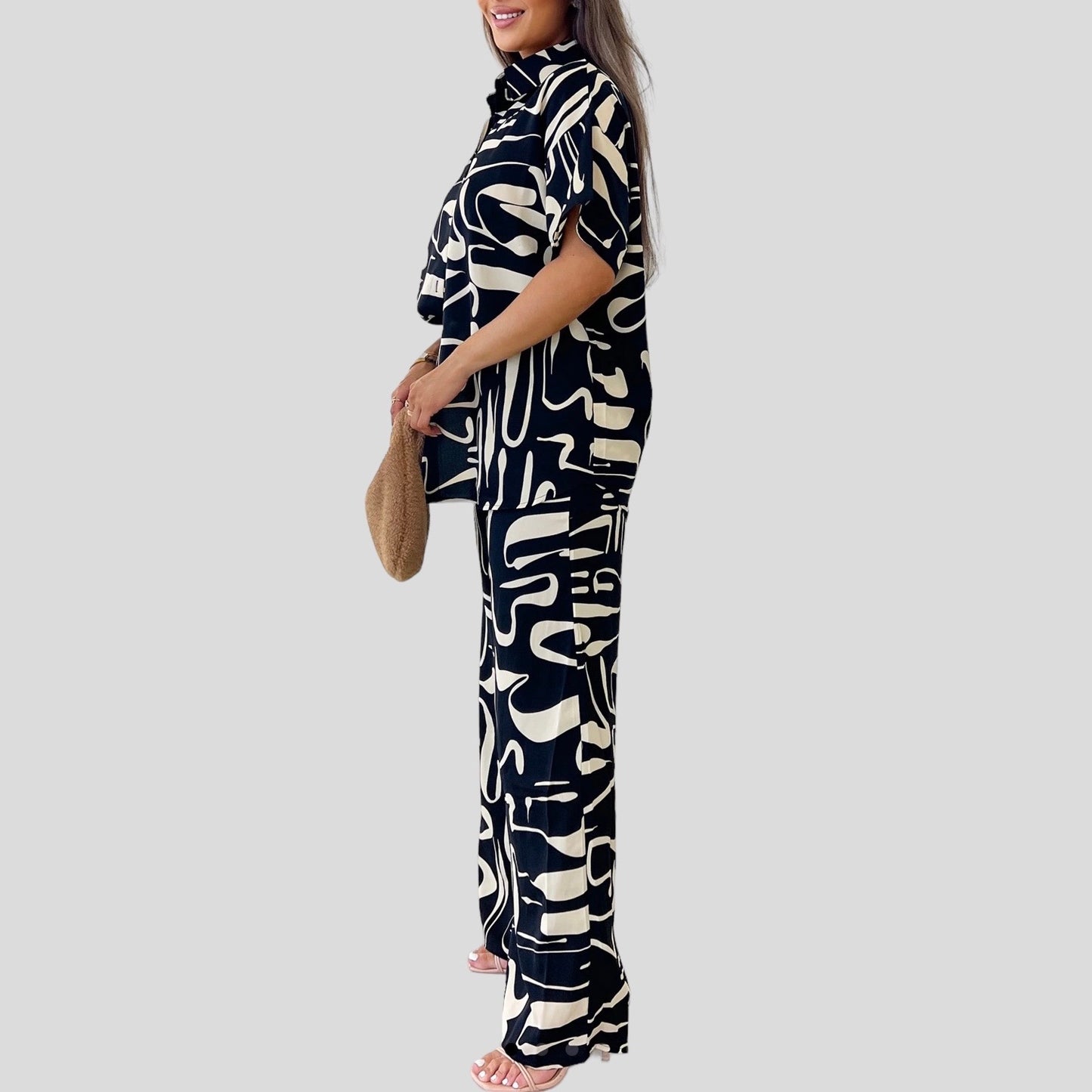ZOELIE SHIRT & PANT SET - BLACK ABSTRACT