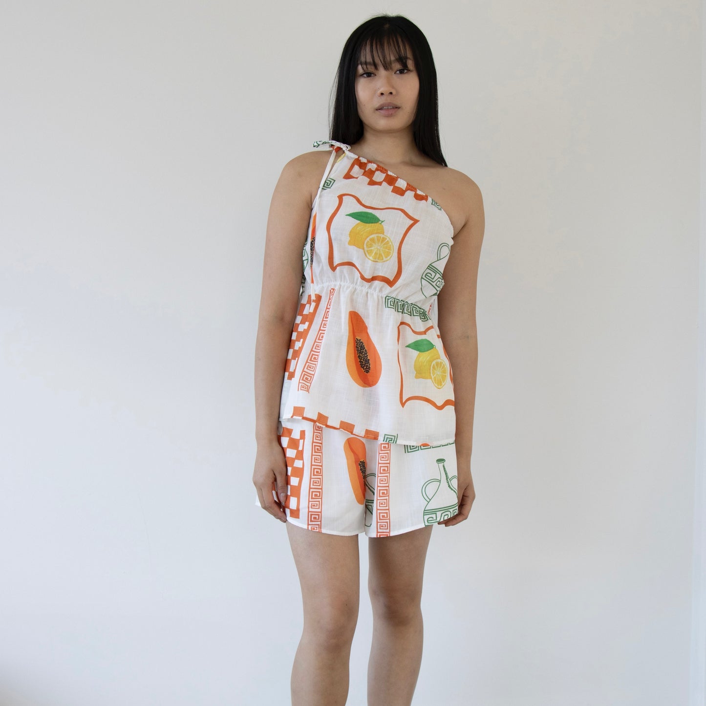 CAYMAN ONE SHOULDER TOP & SHORTS SET -PAPAYA PRINT