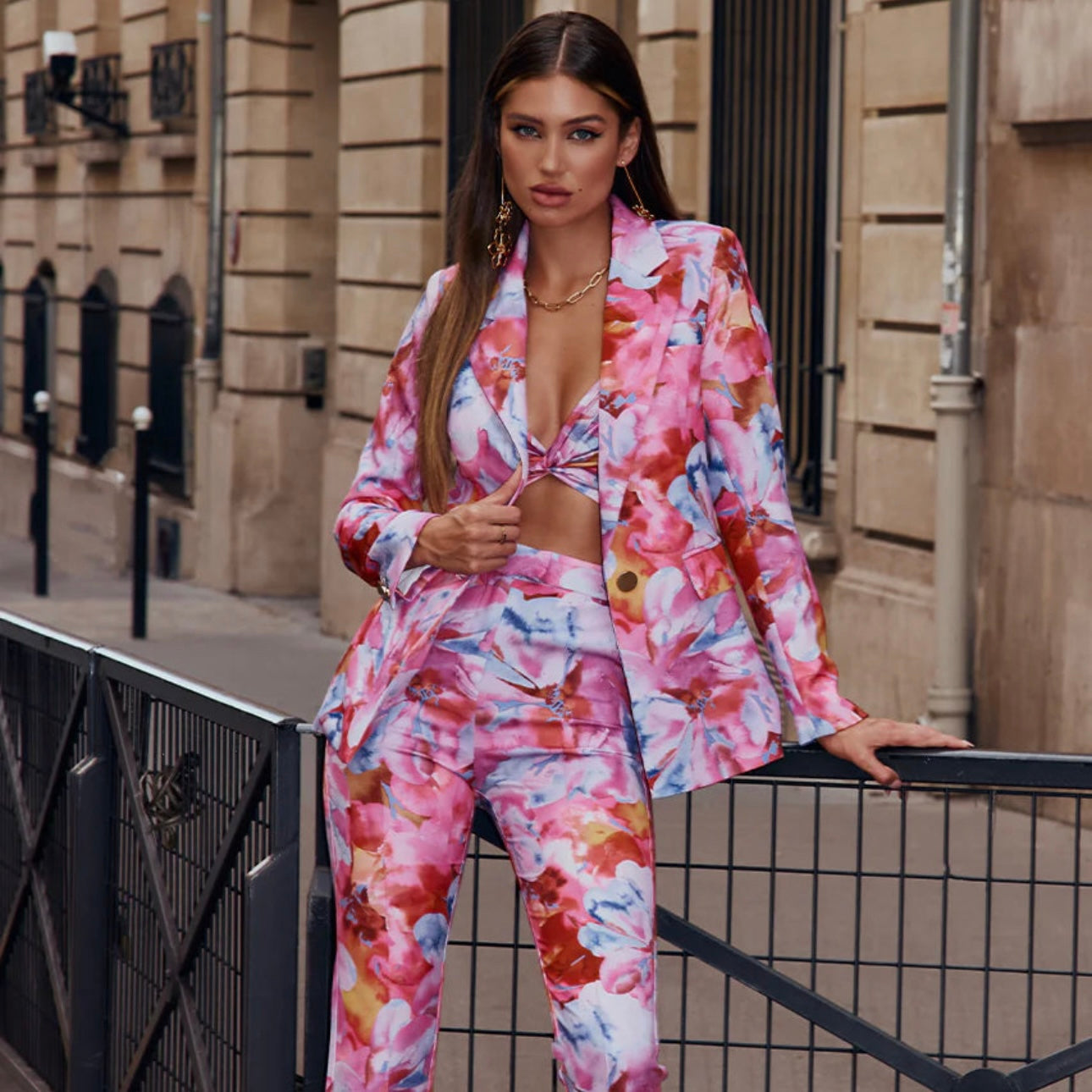 AVARA FITTED BLAZER & PANT SET -PINK FLORAL PRINT