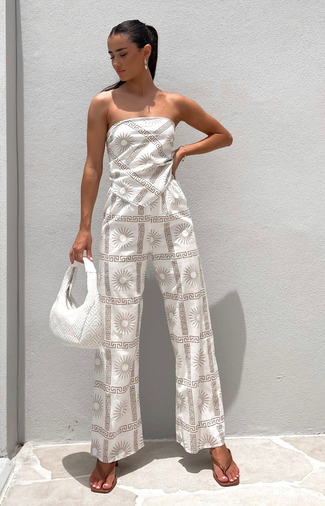 AMIGAN SCARF TOP & PANT SET -WHITE/TAN PRINT