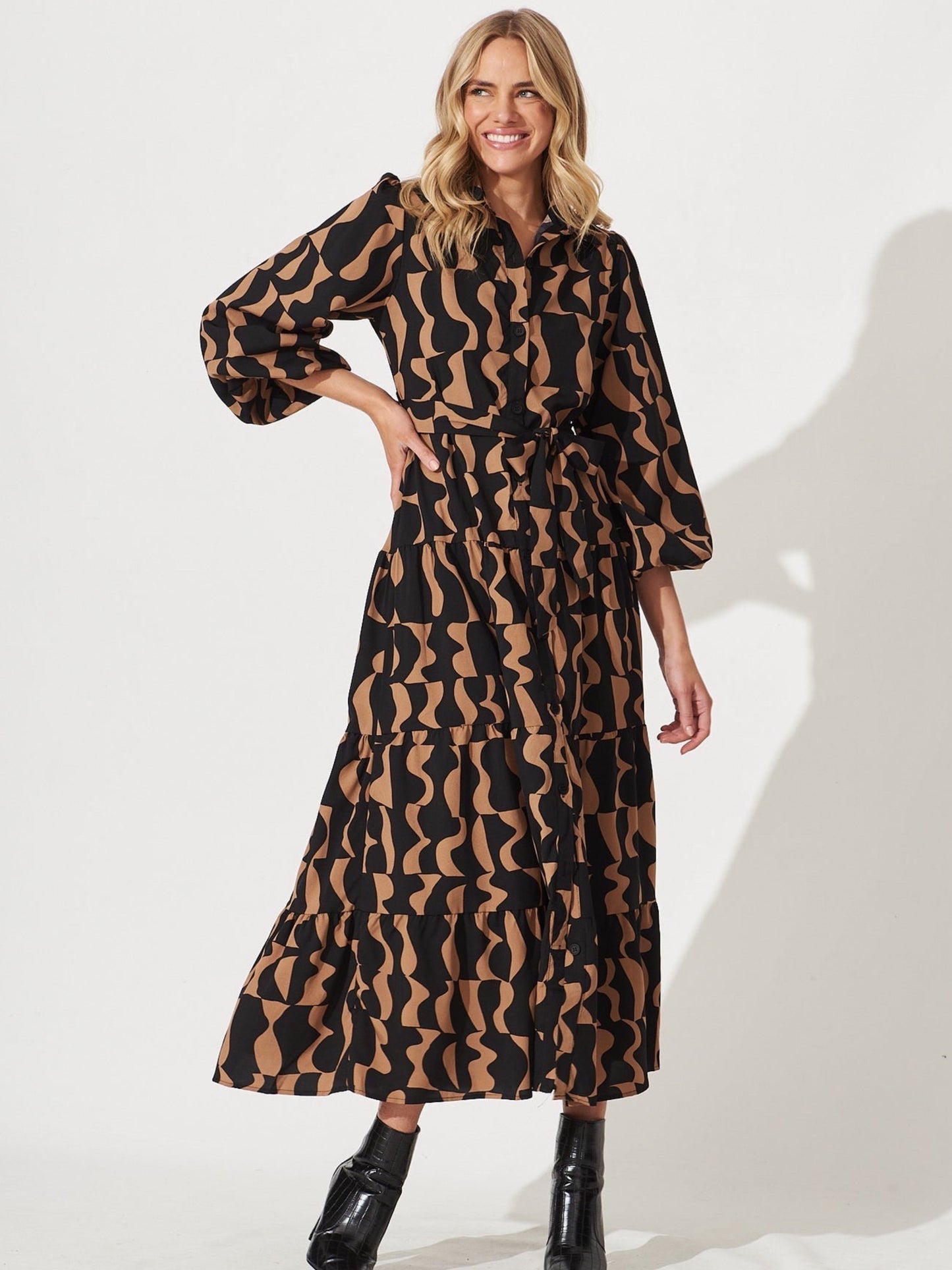 ADDISON MIDI DRESS - TAN/BLACK