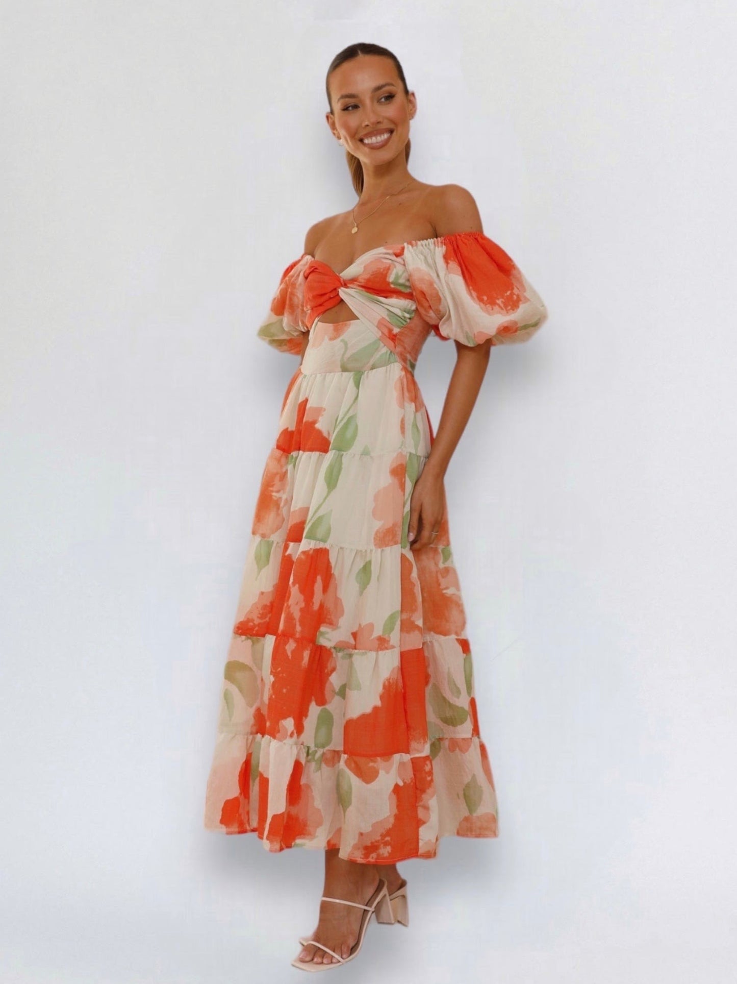 LOPASI MIDI DRESS -ORANGE FLORAL