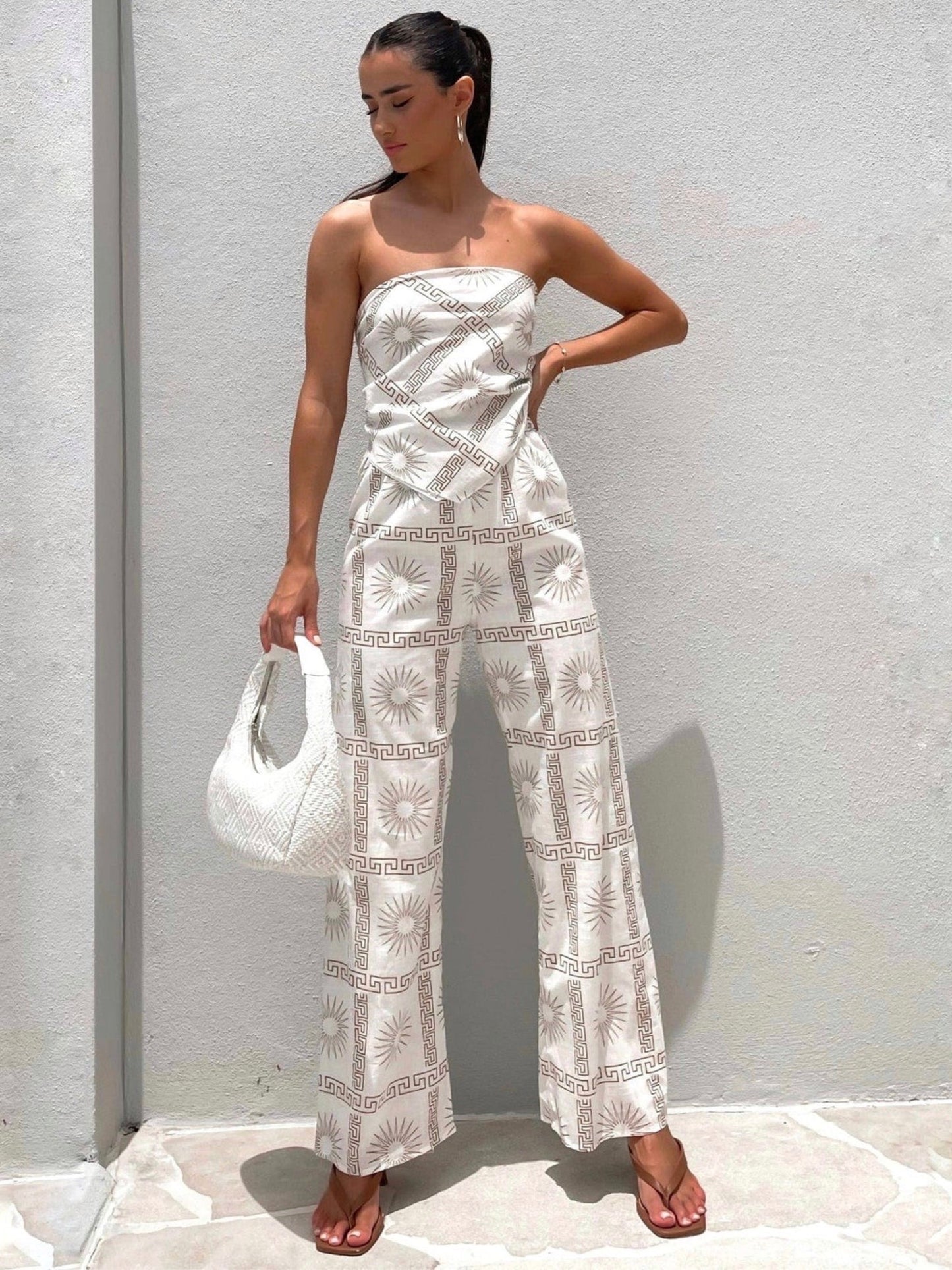 AMIGAN SCARF TOP & PANT SET -WHITE/TAN PRINTS