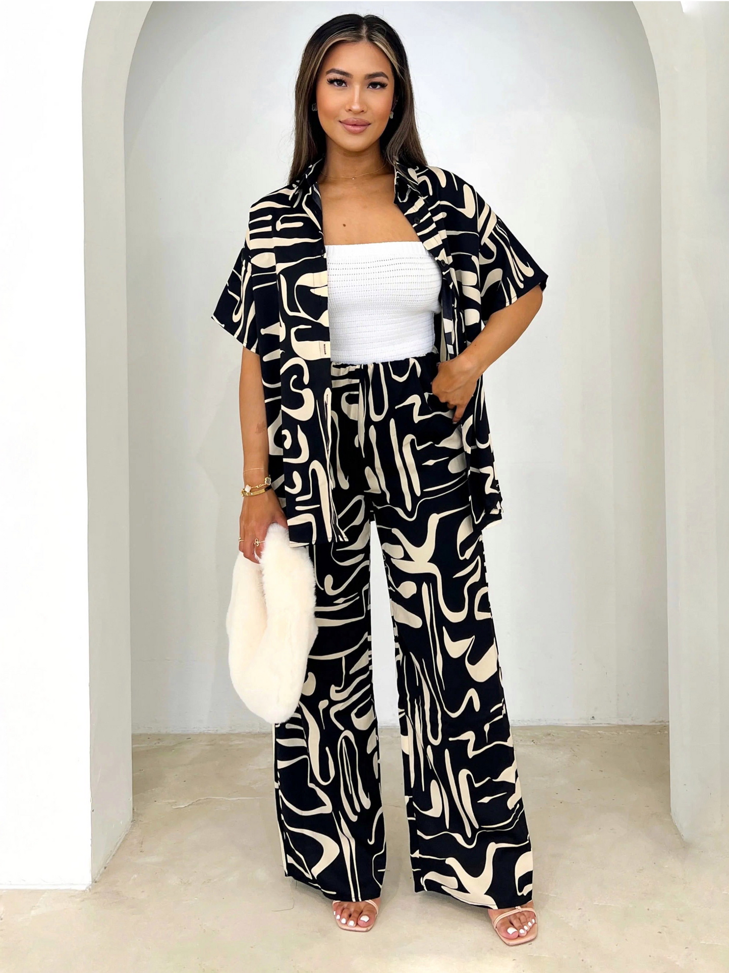ZOELIE SHIRT & PANT SET - BLACK ABSTRACT