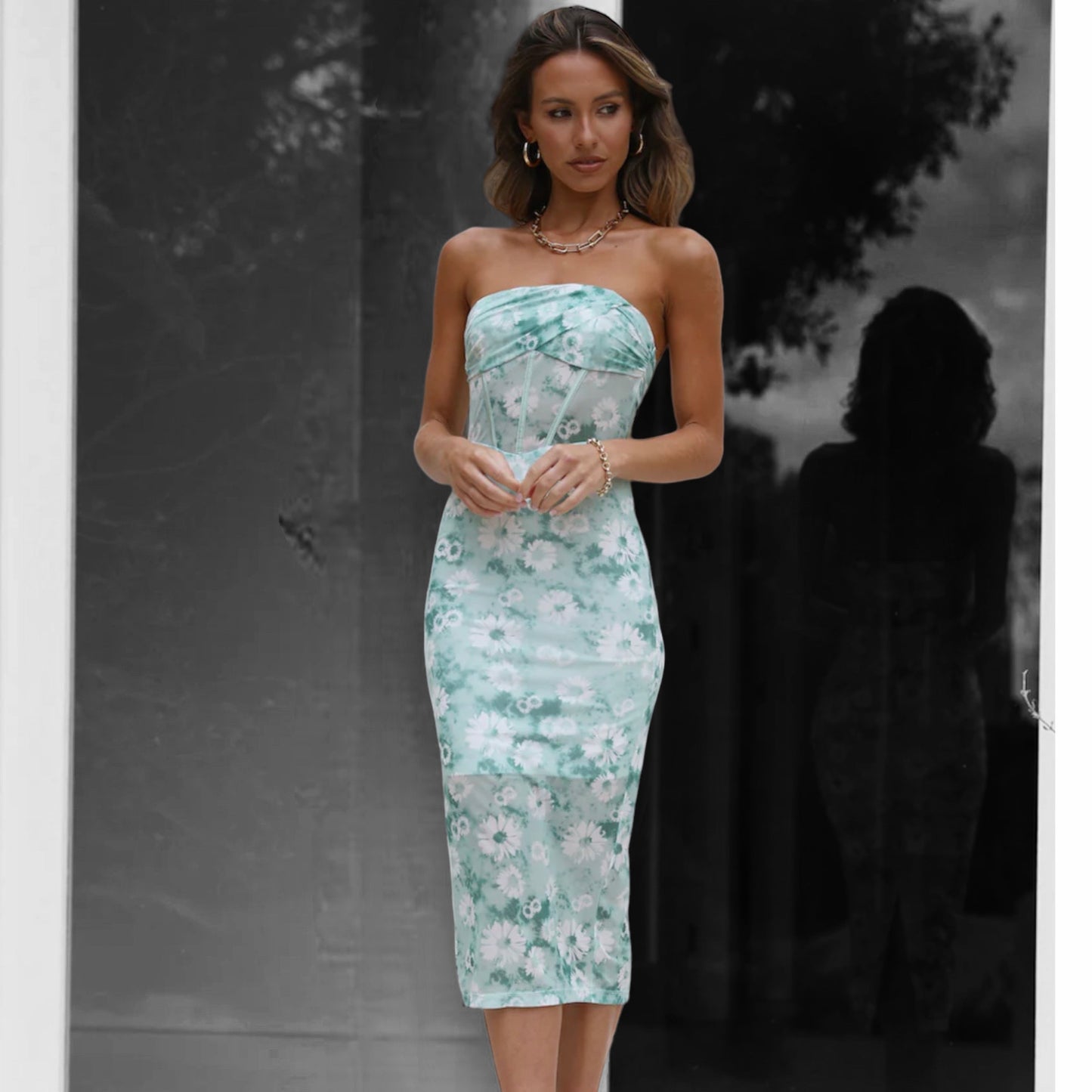 POPPY MIDI DRESS -GREEN FLORAL