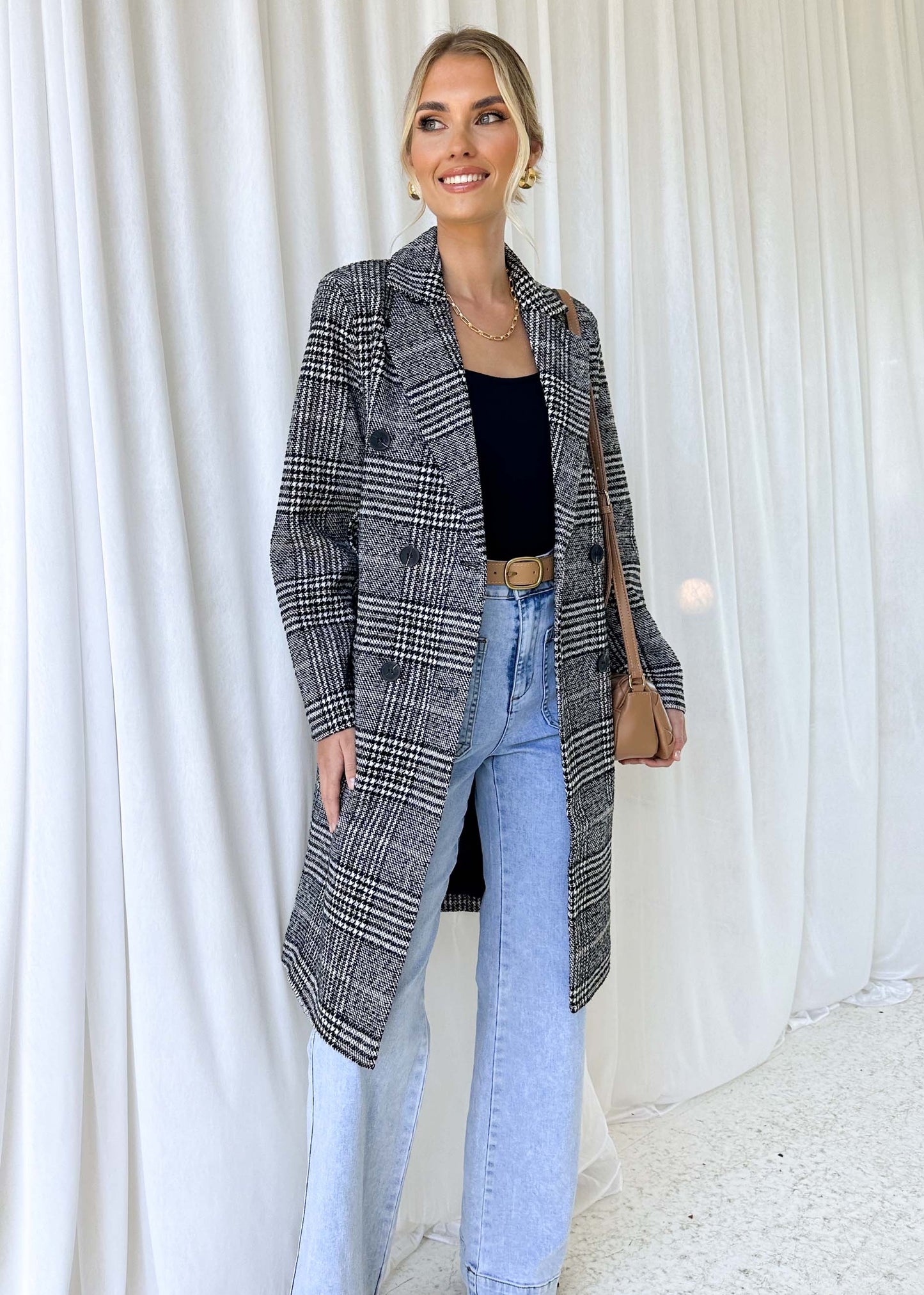 ASPEN CHECKED TRENCH COAT -BLACK/WHITE