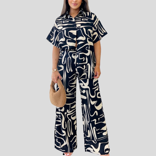 ZOELIE SHIRT & PANT SET - BLACK ABSTRACT