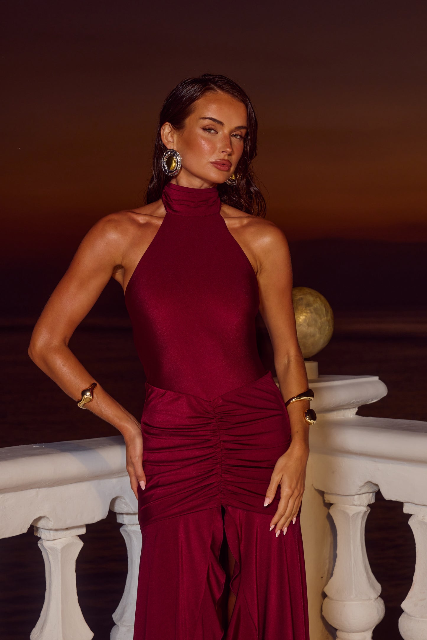 ZELMA HIGH NECK MAXI DRESS - WINE
