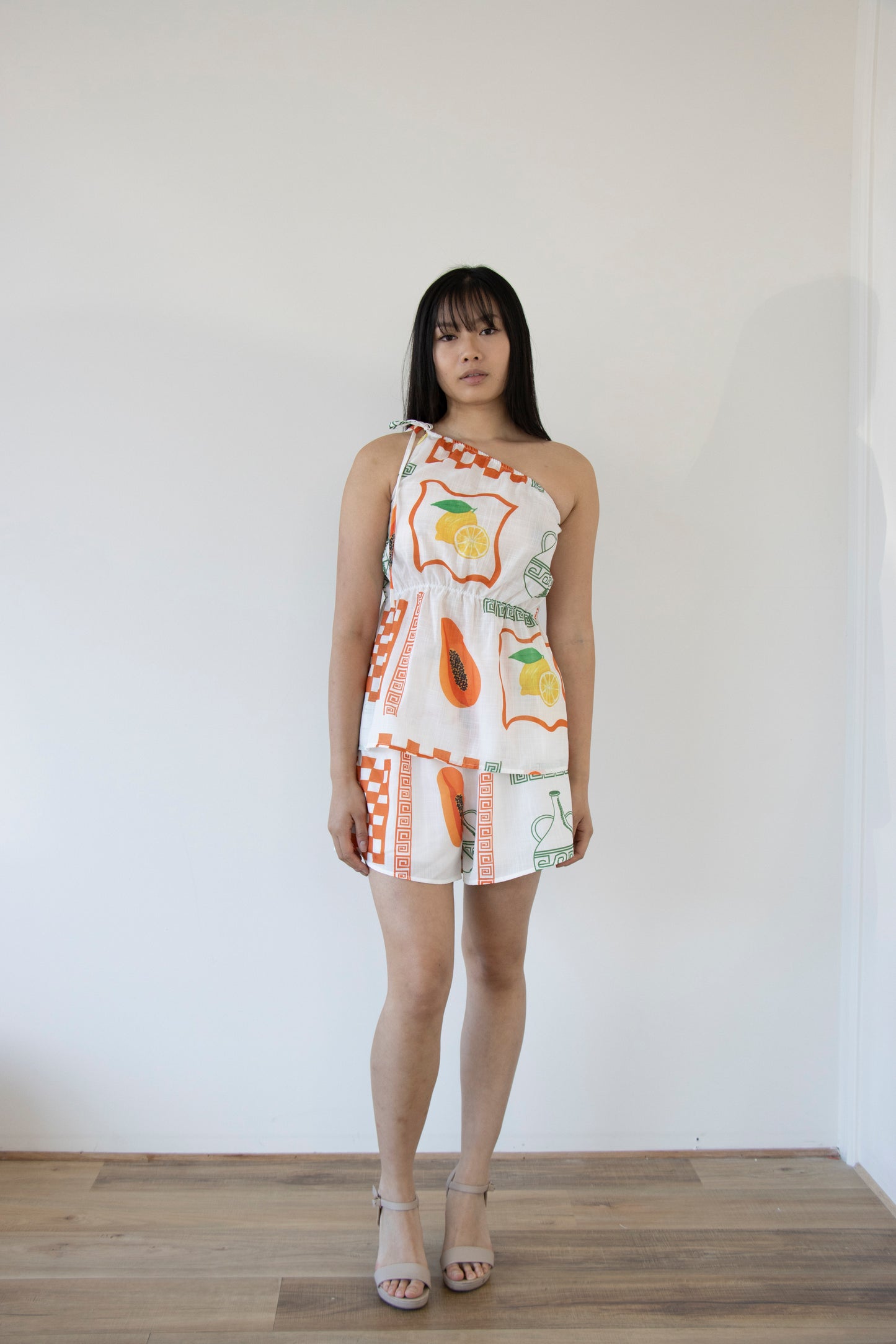 CAYMAN ONE SHOULDER TOP & SHORTS SET -PAPAYA PRINT