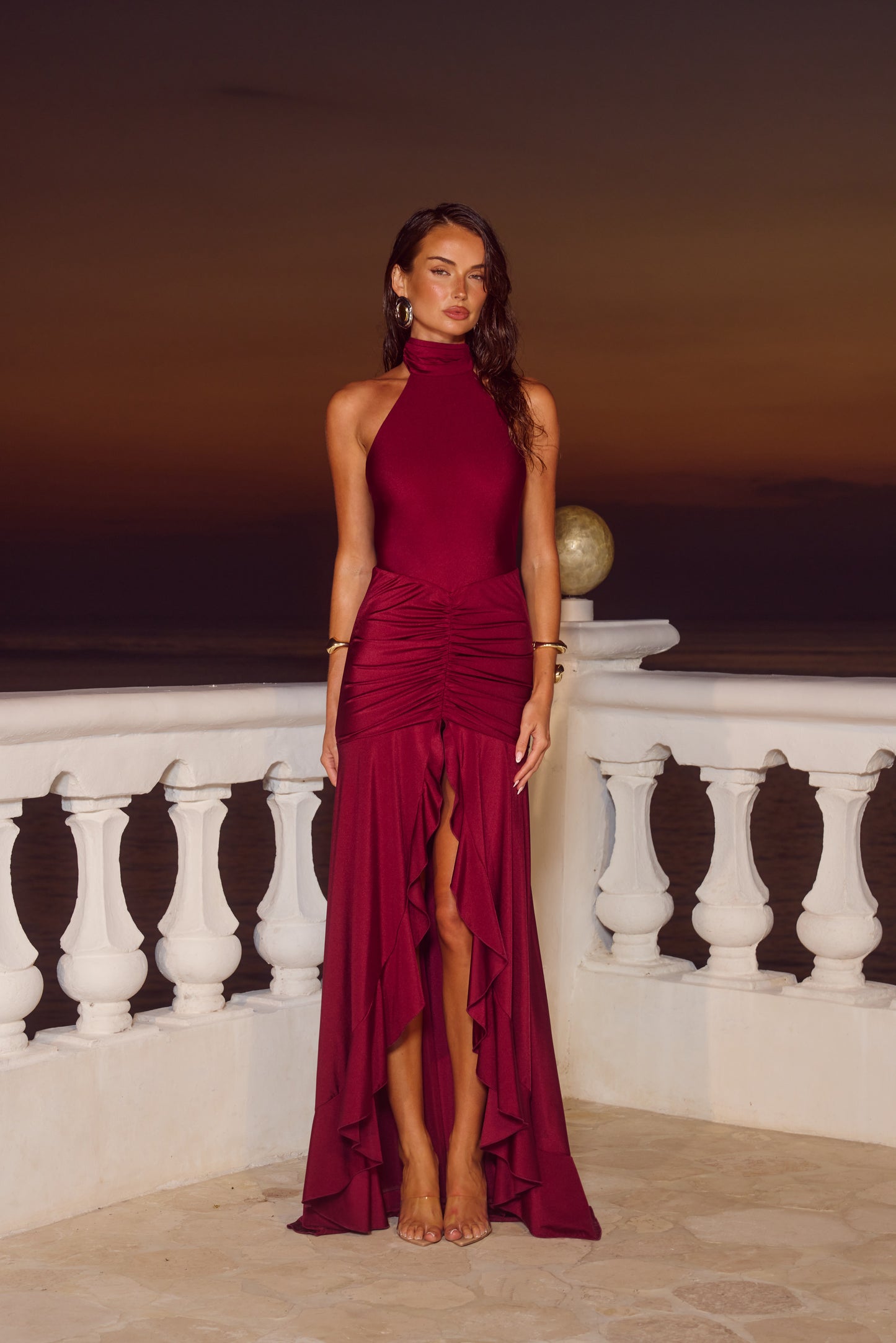 ZELMA HIGH NECK MAXI DRESS - WINE