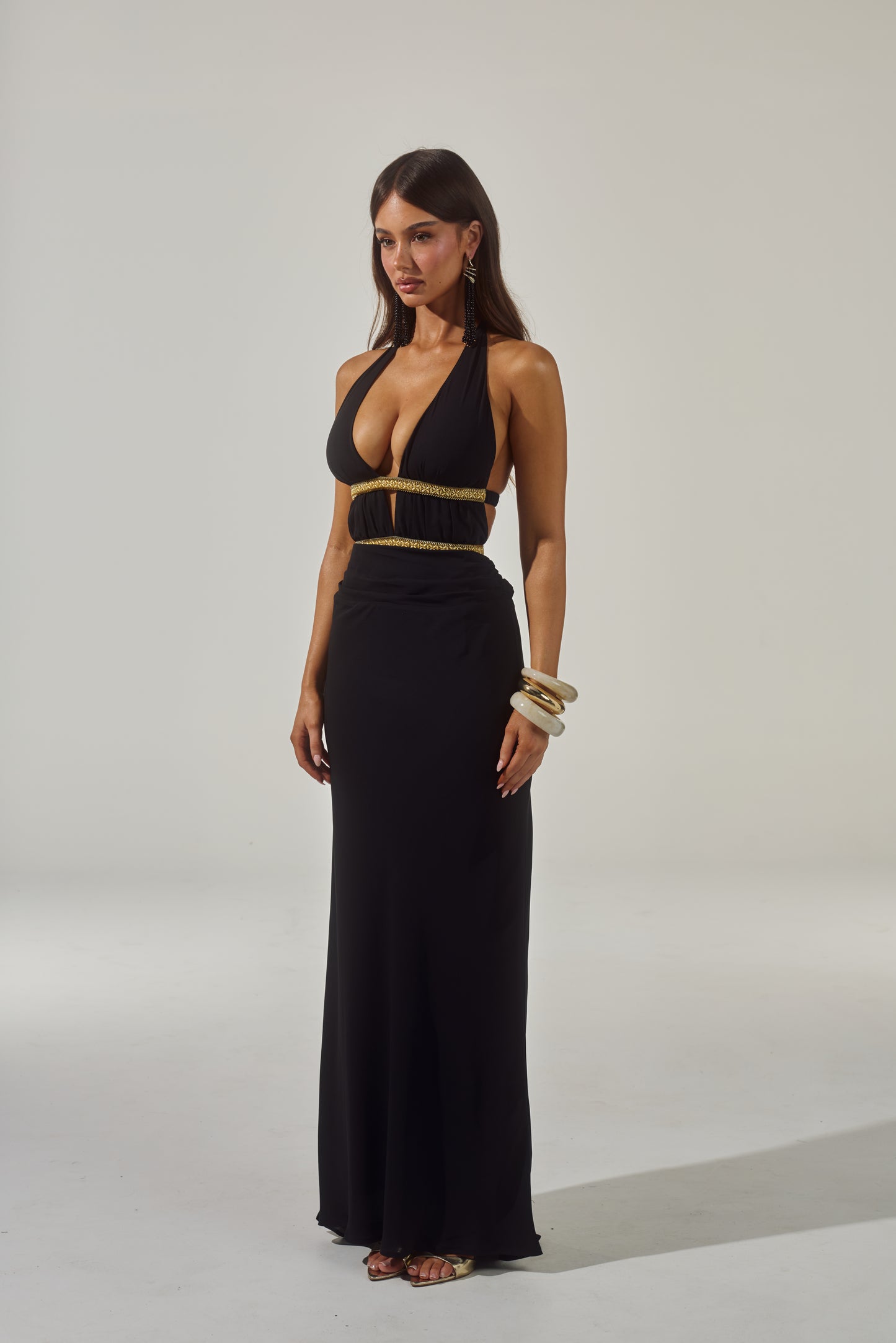 XYLIA HALTER LOW PLUNGE MAXI DRESS - BLACK
