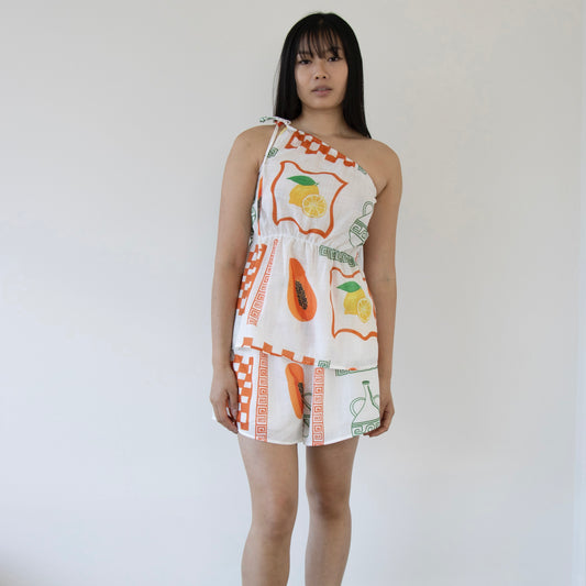 CAYMAN ONE SHOULDER TOP & SHORTS SET -PAPAYA PRINT