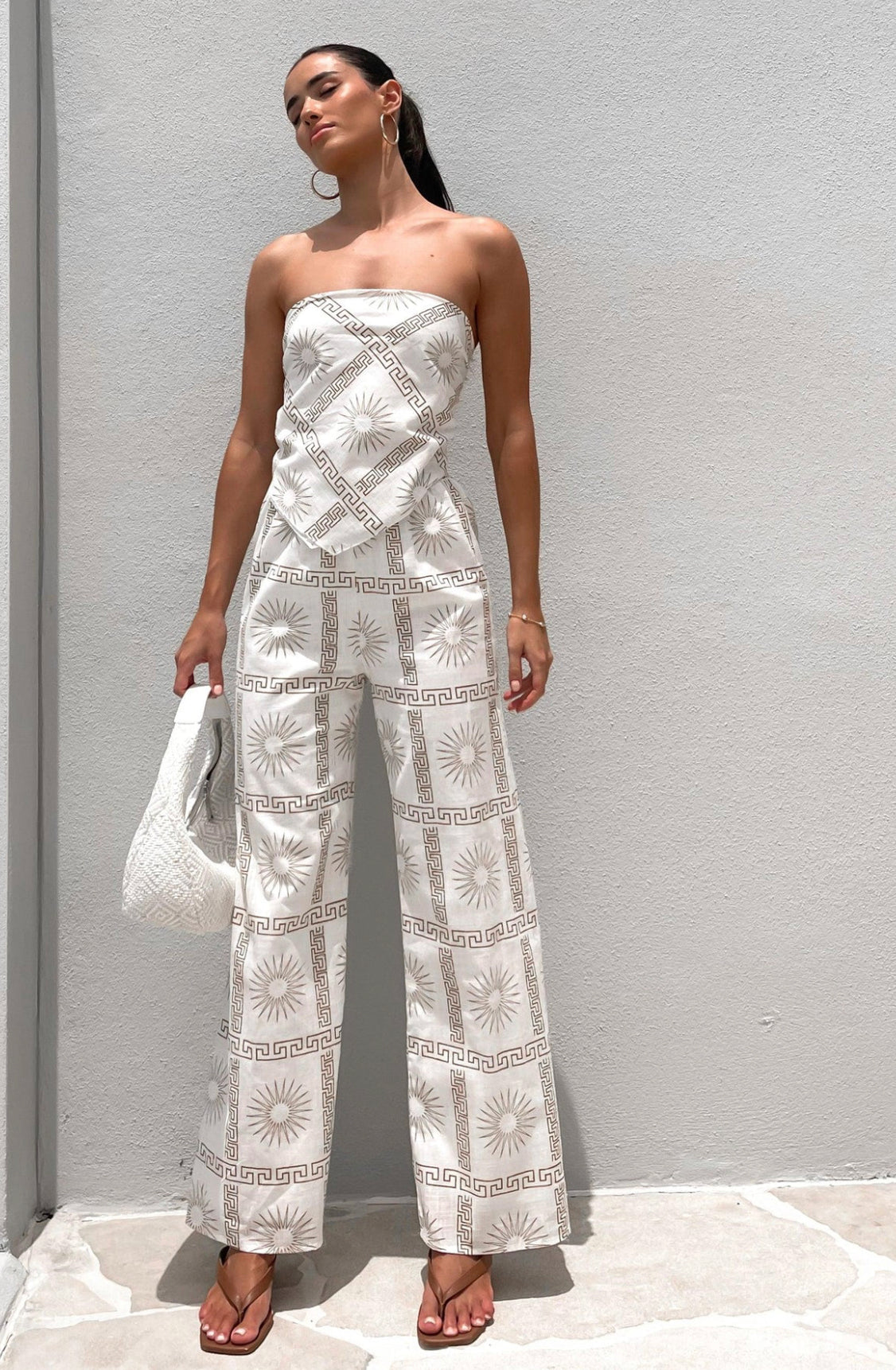 AMIGAN SCARF TOP & PANT SET -WHITE/TAN PRINTS