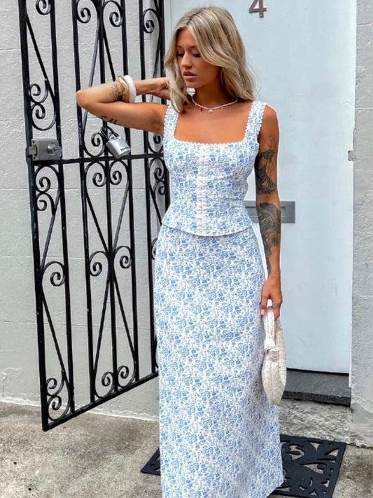 LOUIS TOP & SKIRT SET -BLUE/WHITE