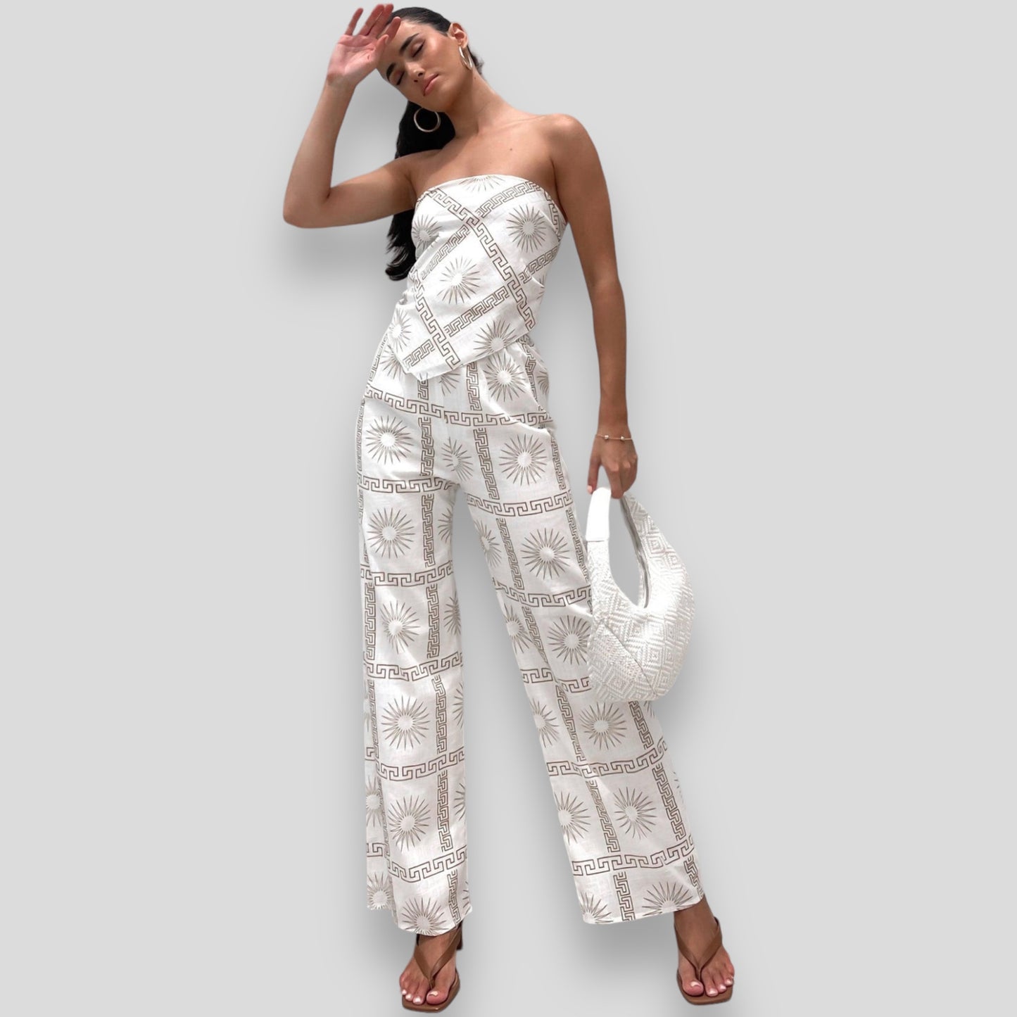 AMIGAN SCARF TOP & PANT SET -WHITE/TAN PRINT