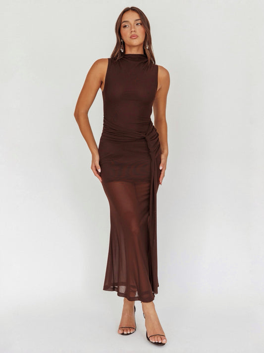 BELLAMY MESH MIDI DRESS - CHOCOLATE